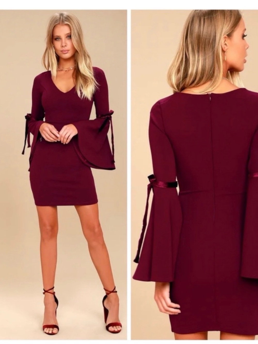 NWT Lulu's Burgundy V-Neck Bell-Sleeve Bodycon Dress